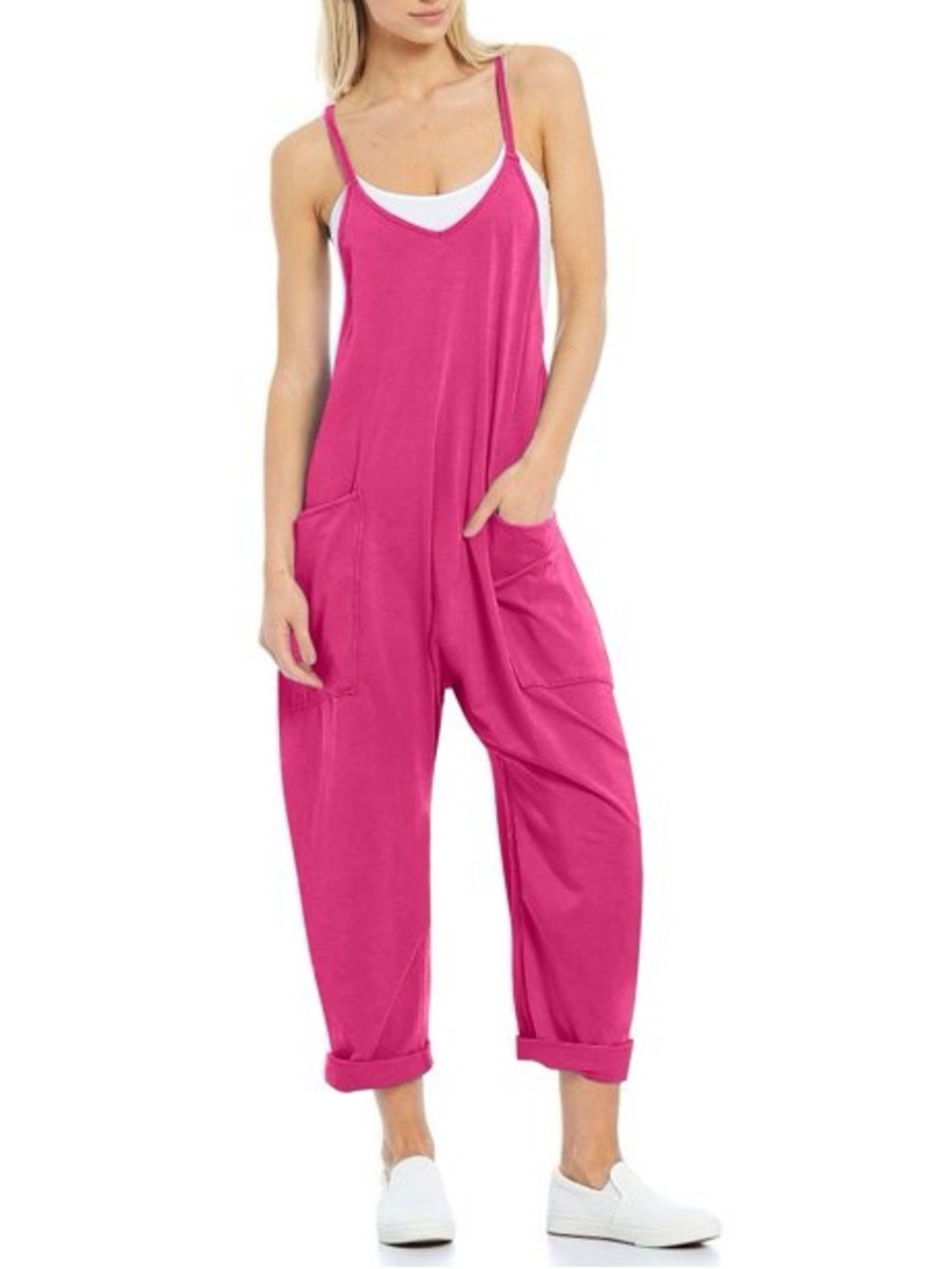 Sleeveless Spaghetti Strap V Neck Straight Leg Rompers With Pockets